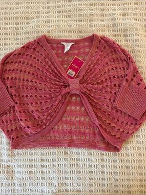 Candie’s Tie-Front Open Knit Shrug NWT XL Pink Rose Metallic